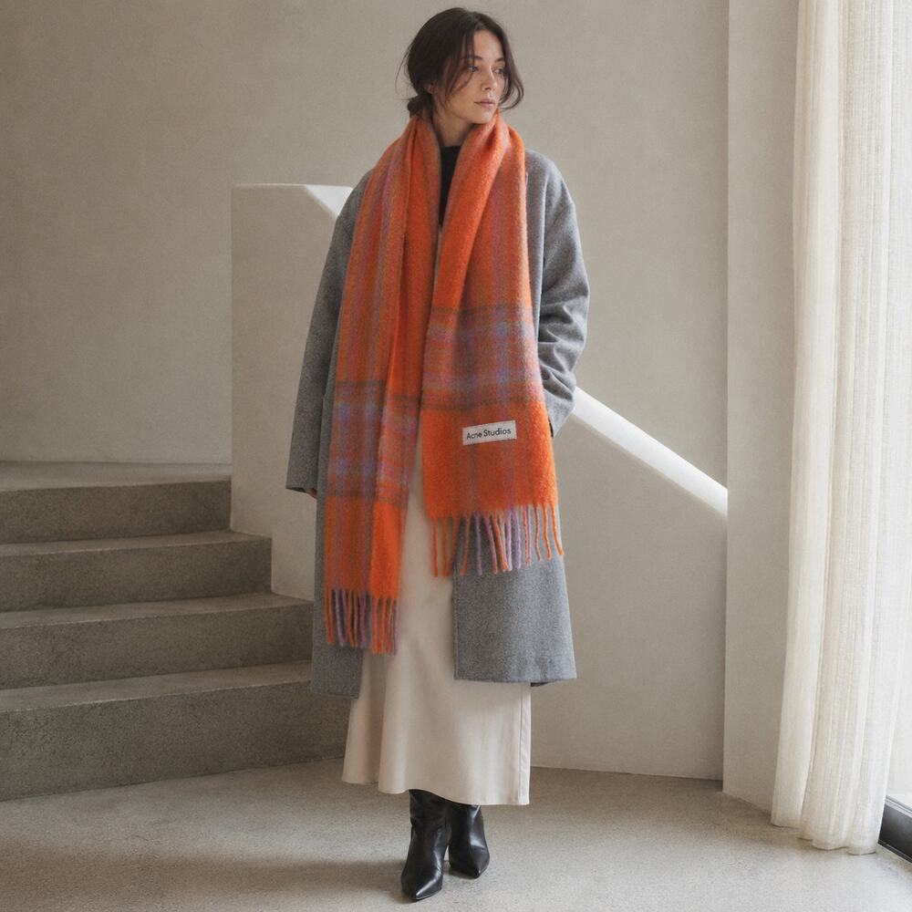 Acne Studios Vally Oversized Plaid Orange Knit Wool/Alpaca Scarf